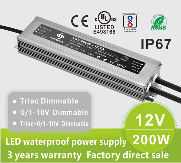 AC110V/220V DC12V 200W 16.7A UL-Listed LED Waterproof IP67 Triac and 0/1-10V Dimmable LED Dimming Power Supply